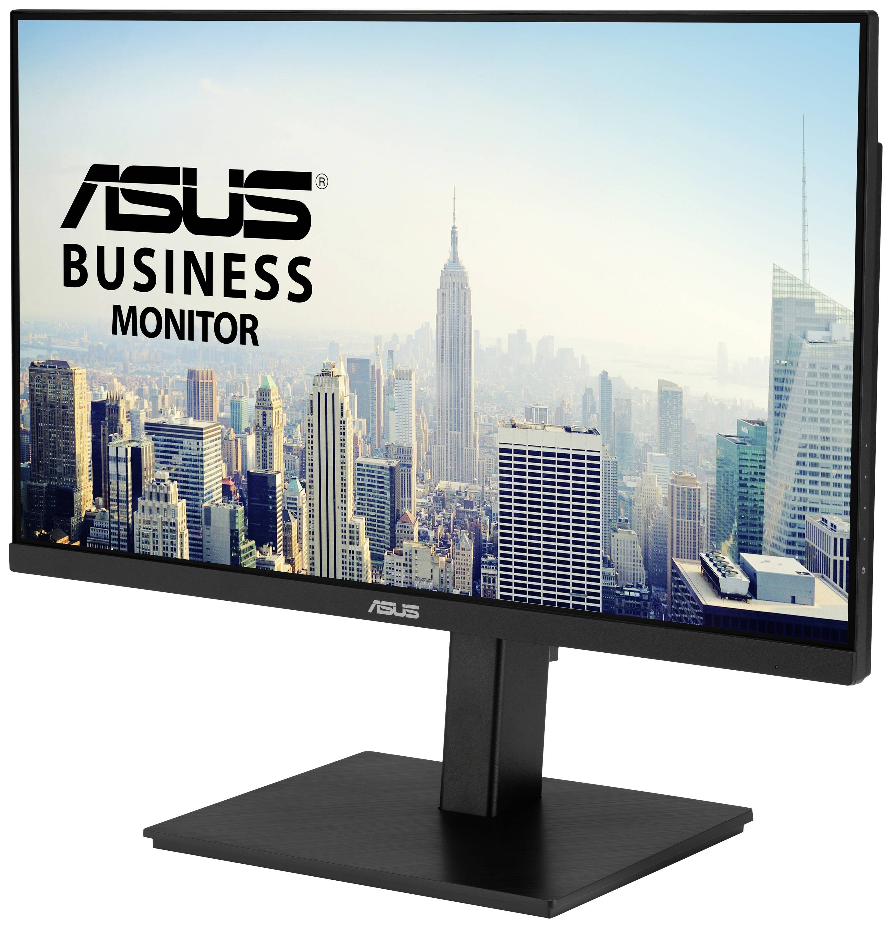 'ASUS Business Monitor' zeigt eine Stadtansicht mit modernen Hochhäusern bei leicht bewölktem Himmel.