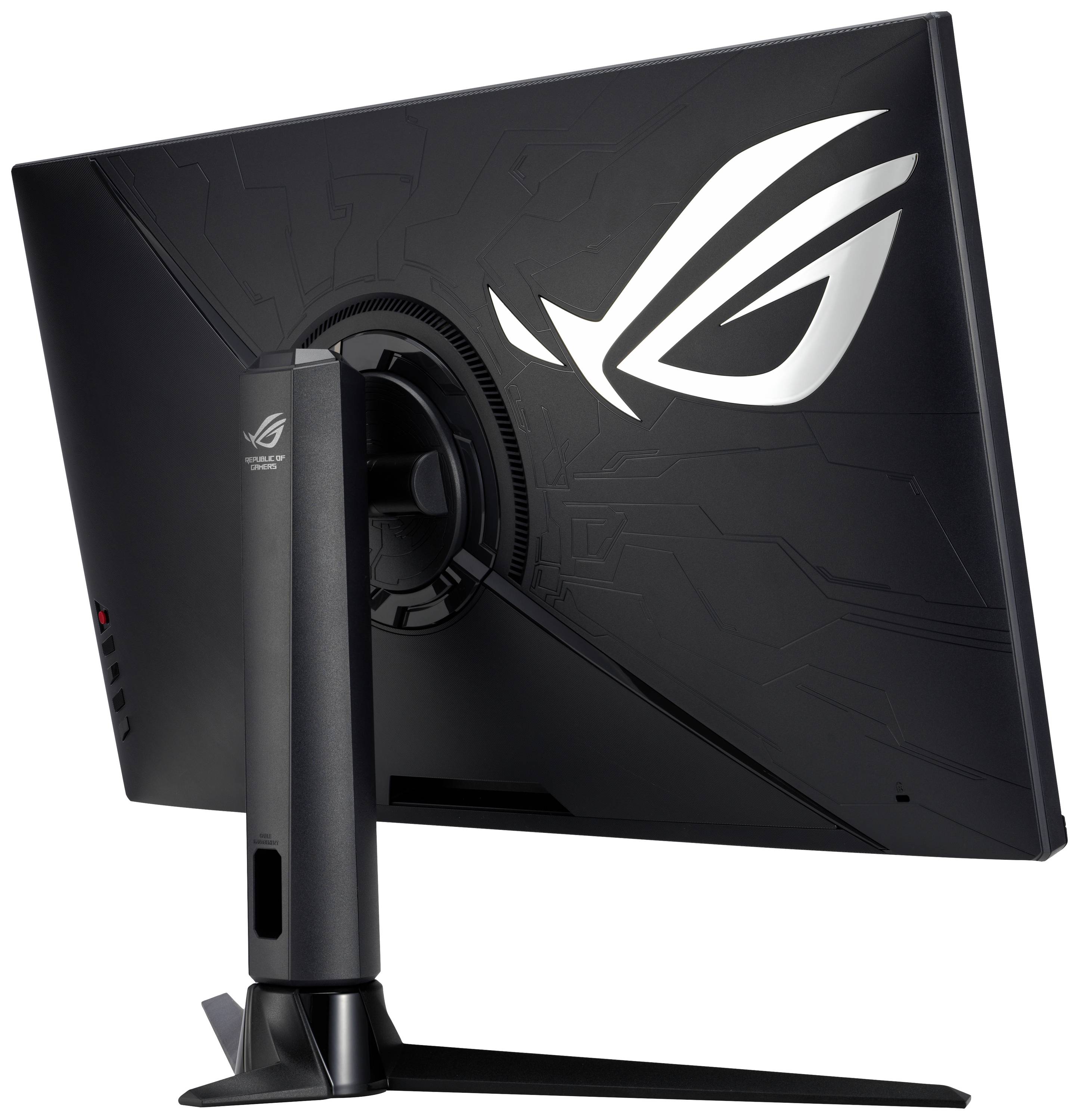 Ein schwarzer PC-Monitor mit dem Asus ROG-Logo auf der Rückseite. Der Monitor steht auf einem eleganten, stabilen Standfuß.