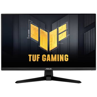 Ein ASUS TUF Gaming Monitor in einem dunklen Raum, mit gelbem TUF Gaming Logo und Schriftzug auf dem Bildschirm.