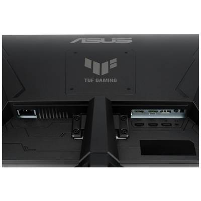 Rückansicht eines ASUS TUF Gaming Monitors mit sichtbaren Anschlüssen: HDMI, DisplayPort und USB.