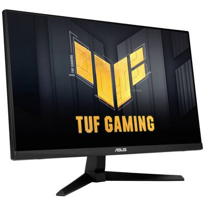 Monitor mit 'TUF GAMING'-Logo auf dem Bildschirm. Schwarzer Rahmen, rechteckiger Standfuß, geeignet für Gaming-Anwendungen.