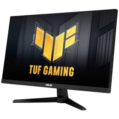 Ein ASUS TUF Gaming Monitor, frontal abgebildet, zeigt ein Logo in der Mitte des Bildschirms auf einem dunklen Hintergrund.