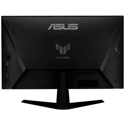 Rückseite eines schwarzen Gaming-Monitors der Marke ASUS mit Logo und Ständer, keine sichtbaren Anschlüsse oder Kabel.