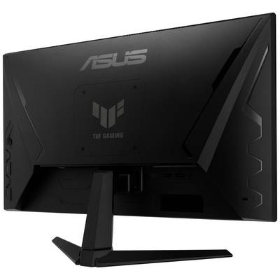 Schwarzer Gaming-Monitor von ASUS mit der Aufschrift 'TUF Gaming' auf der Rückseite, zeigt ein kantiges Design und robusten Standfuß.
