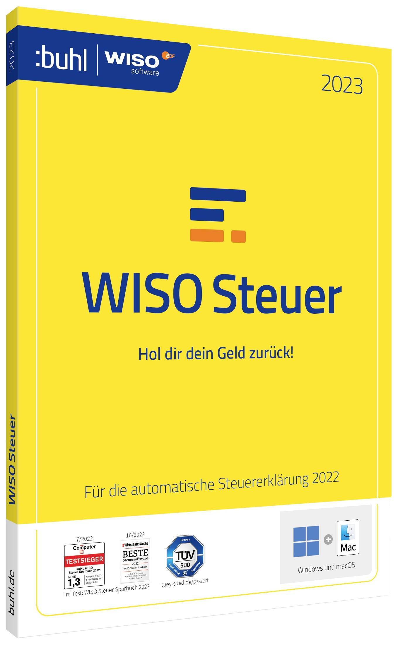 WISO Steuer 2023 Software-Verpackung, gelbes Design. Text: 'Hol dir dein Geld zurück!' und 'Für die automatische Steuererklärung 2022'. Kompatibel mit Windows und macOS.