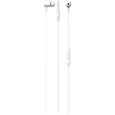Weiße kabelgebundene In-Ear-Kopfhörer mit einem integrierten Mikrofon und einer Steuerungstaste am Kabel.