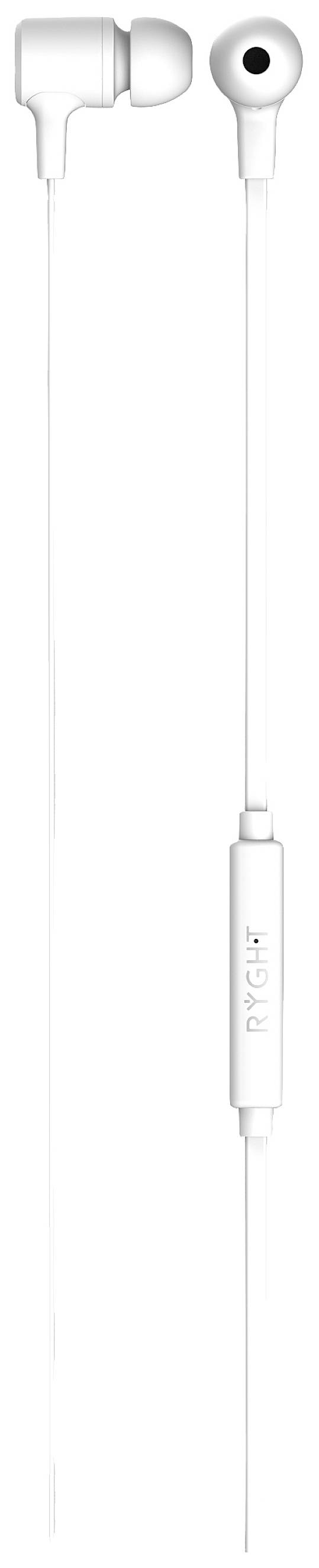 Weiße kabelgebundene In-Ear-Kopfhörer mit Mikrofon und Bedienelementen am Kabel.