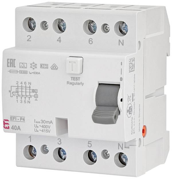 ETI 002061512 - Fehlerstromschutzschalter EFI-P4 A 40/0.03 (Typ A | 415V | 40A | unverzögert | 50/60 Hz)