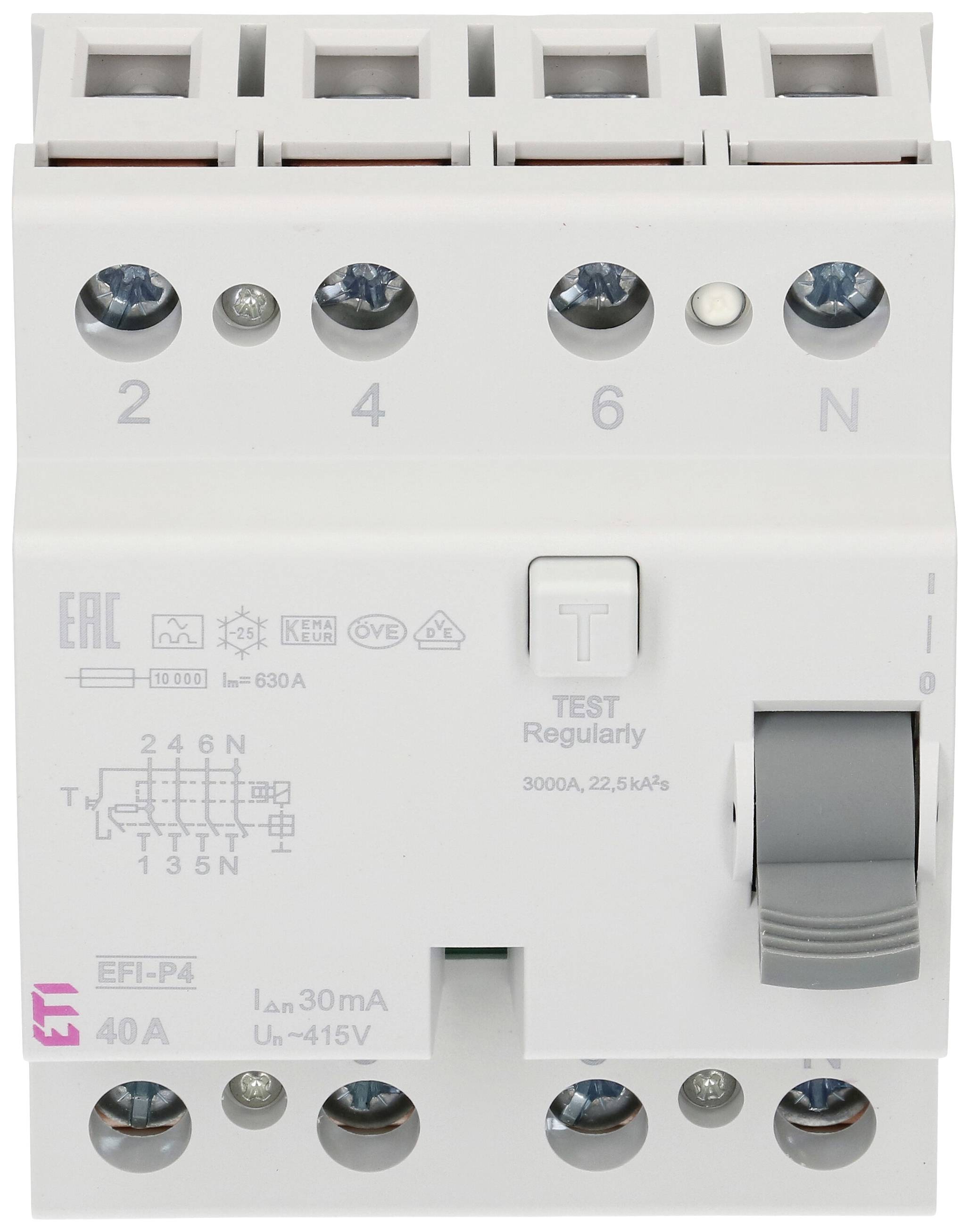 'FI-Schutzschalter 40A, 30mA, vierpolig. Test regelmäßig empfohlen.'