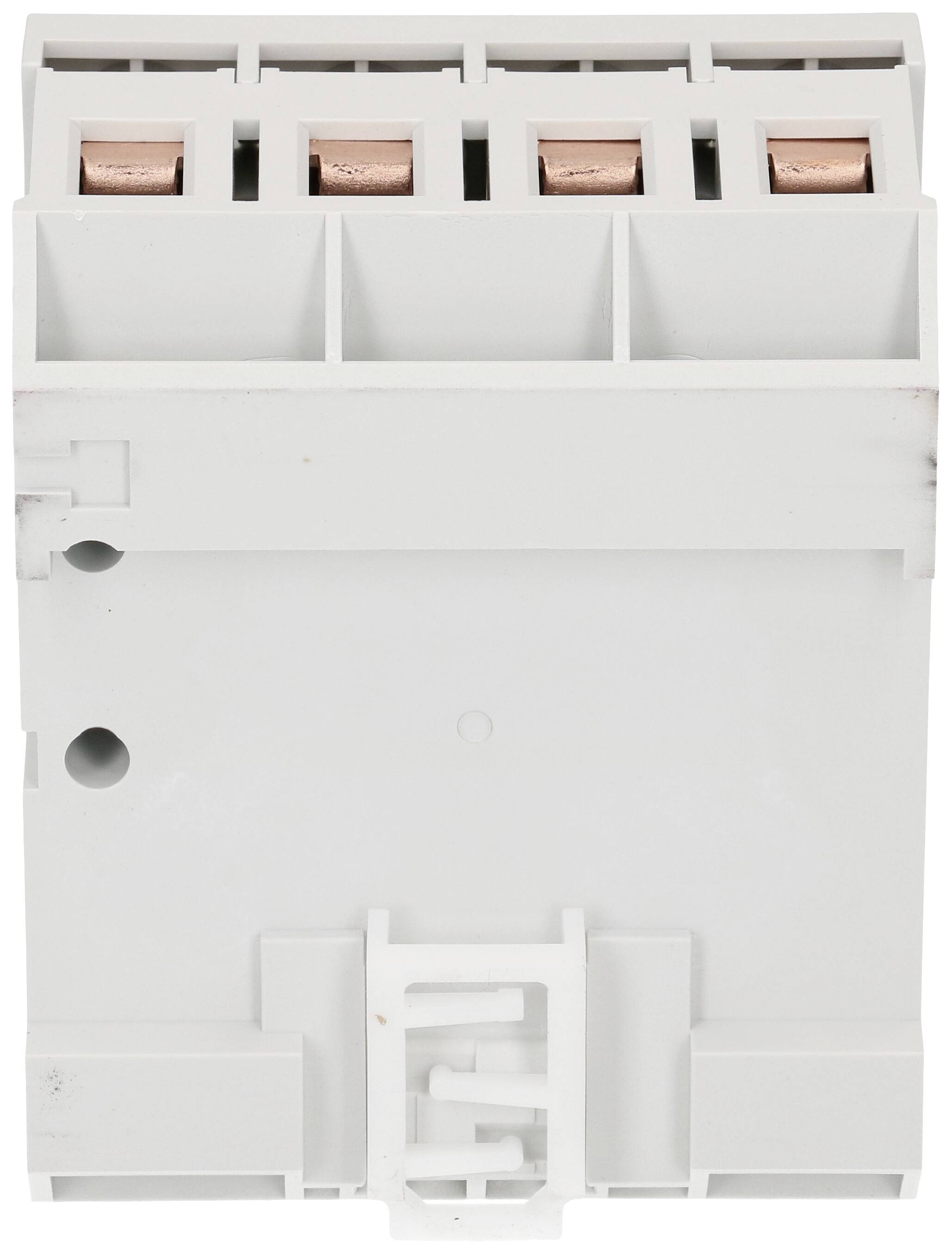 Ein weißes elektrisches Bauteil mit vier Kupferanschlüssen oben. Es hat eine rechteckige Form mit Halterung unten.