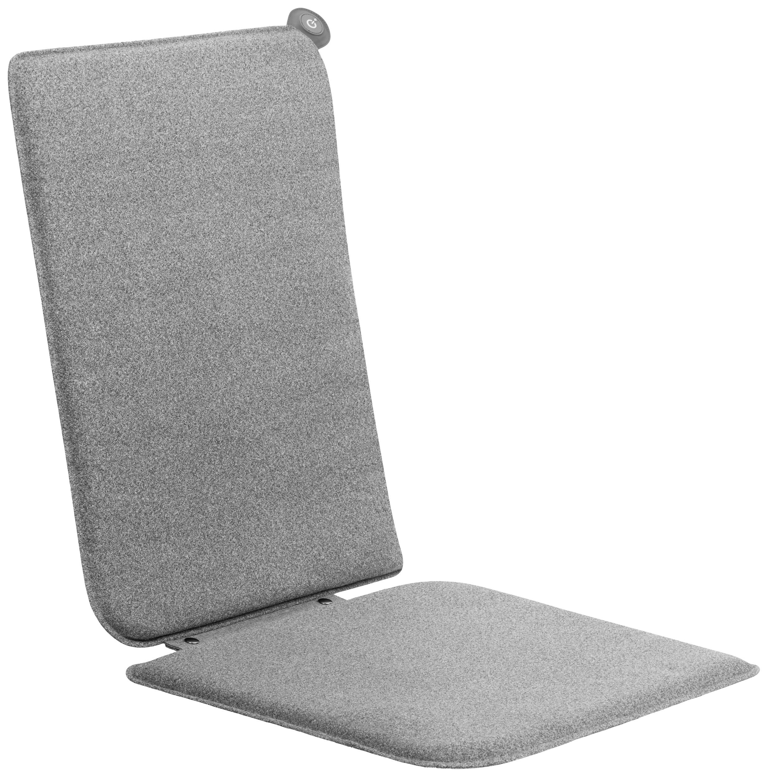 Eine graue, gepolsterte Rücken- und Sitzauflage, die klappbar ist. Ideal für zusätzlichen Komfort bei Stühlen oder Bänken.