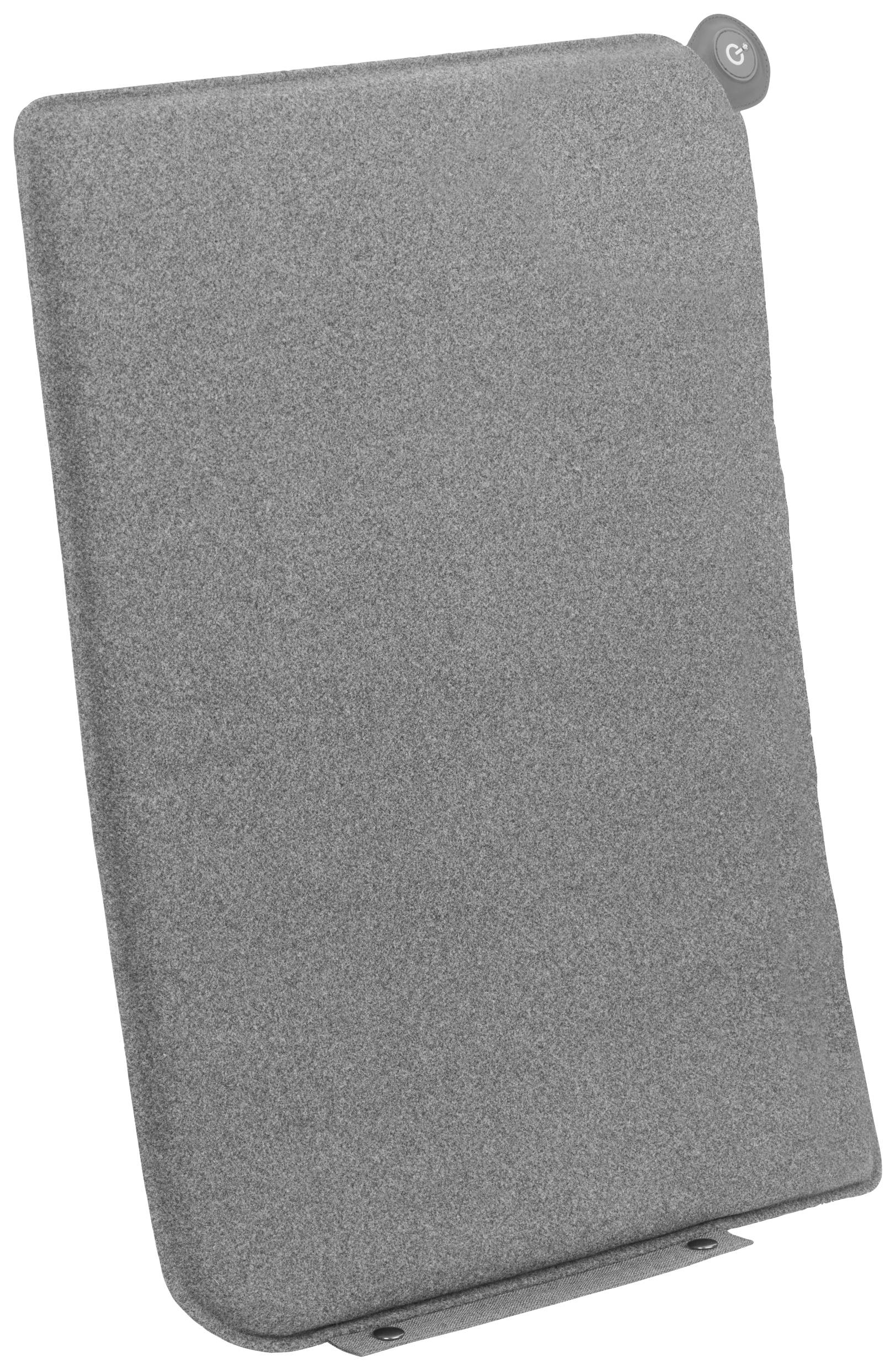 Graue, rechteckige Rückenlehne mit abgerundeten Ecken und einigen Befestigungselementen an den Rändern.