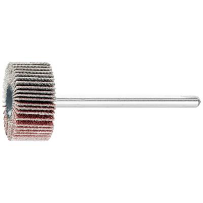 Ein Fliesen-Schleifaufsatz mit rotierenden Schleifblättern, montiert auf einem Metallstab, wird zur Bearbeitung von Oberflächen verwendet.