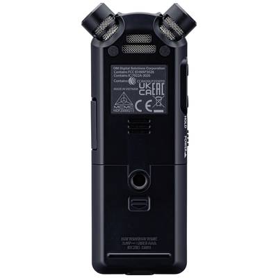 Handheld Audiorecorder in Schwarz, Rückseite mit technischen Informationen und Bedienelementen sichtbar, zwei Mikrofone oben.