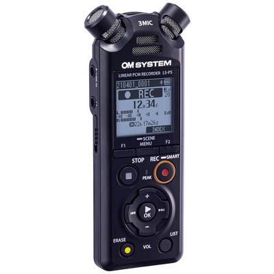 Ein tragbarer digitaler Audio-Rekorder mit Mikrofon. Der Bildschirm zeigt Aufnahme- und Batteriestatus an.