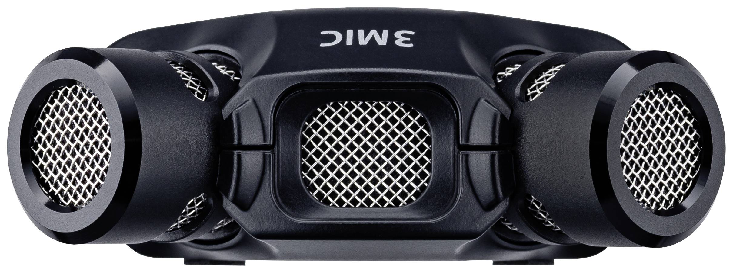 Ein schwarzes Mikrofon mit drei markanten, gitterartigen Kapseln, die nach vorne gerichtet sind, um Klang aufzunehmen.