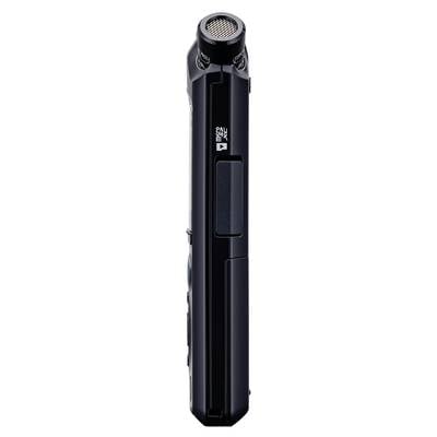 Schwarzer tragbarer Audiorecorder in seitlicher Ansicht, zeigt Tasten und ein Mikrofon oben. Ideal für Interviews oder Aufnahmen unterwegs.