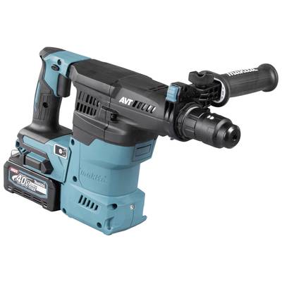 Ein blauer und schwarzer elektrischer Bohrhammer mit Akkubetrieb. Er verfügt über einen ergonomischen Griff und Modellbeschriftung an der Seite.
