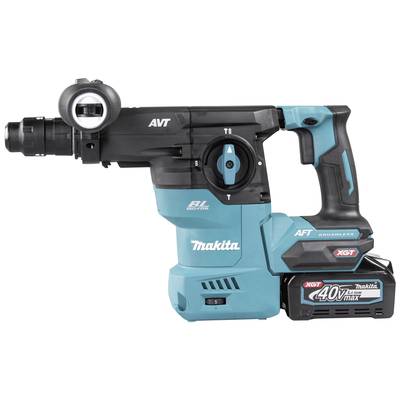Ein blauer Makita Akkubohrhammer mit schwarzem Griff und 40V Lithium-Ionen-Akku, Produktname und Logos sind sichtbar.