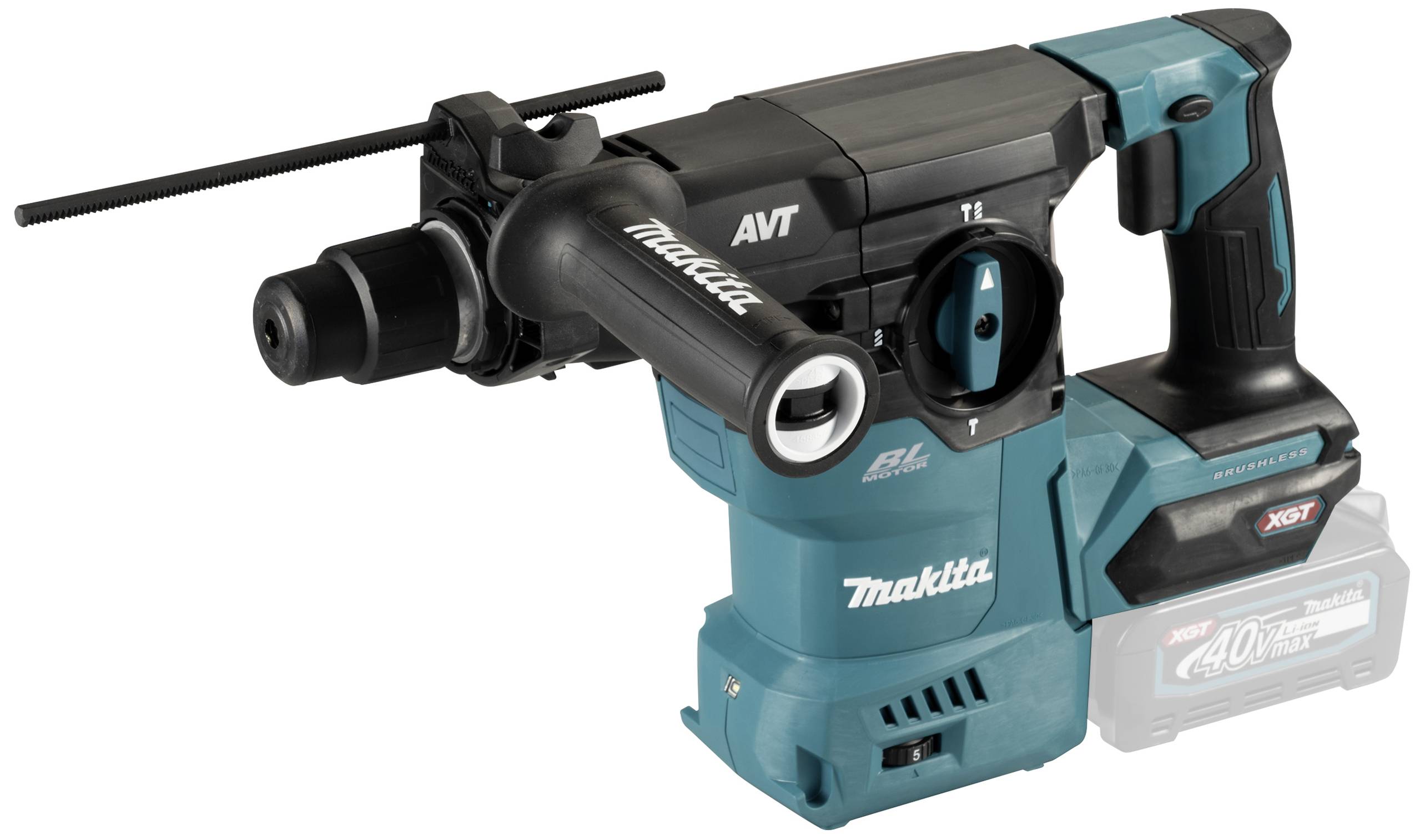 Ein blauer, batteriebetriebener Makita-Bohrhammer mit ergonomischem Griff und AVT-Technologie. Geeignet für schwere Bohrarbeiten.