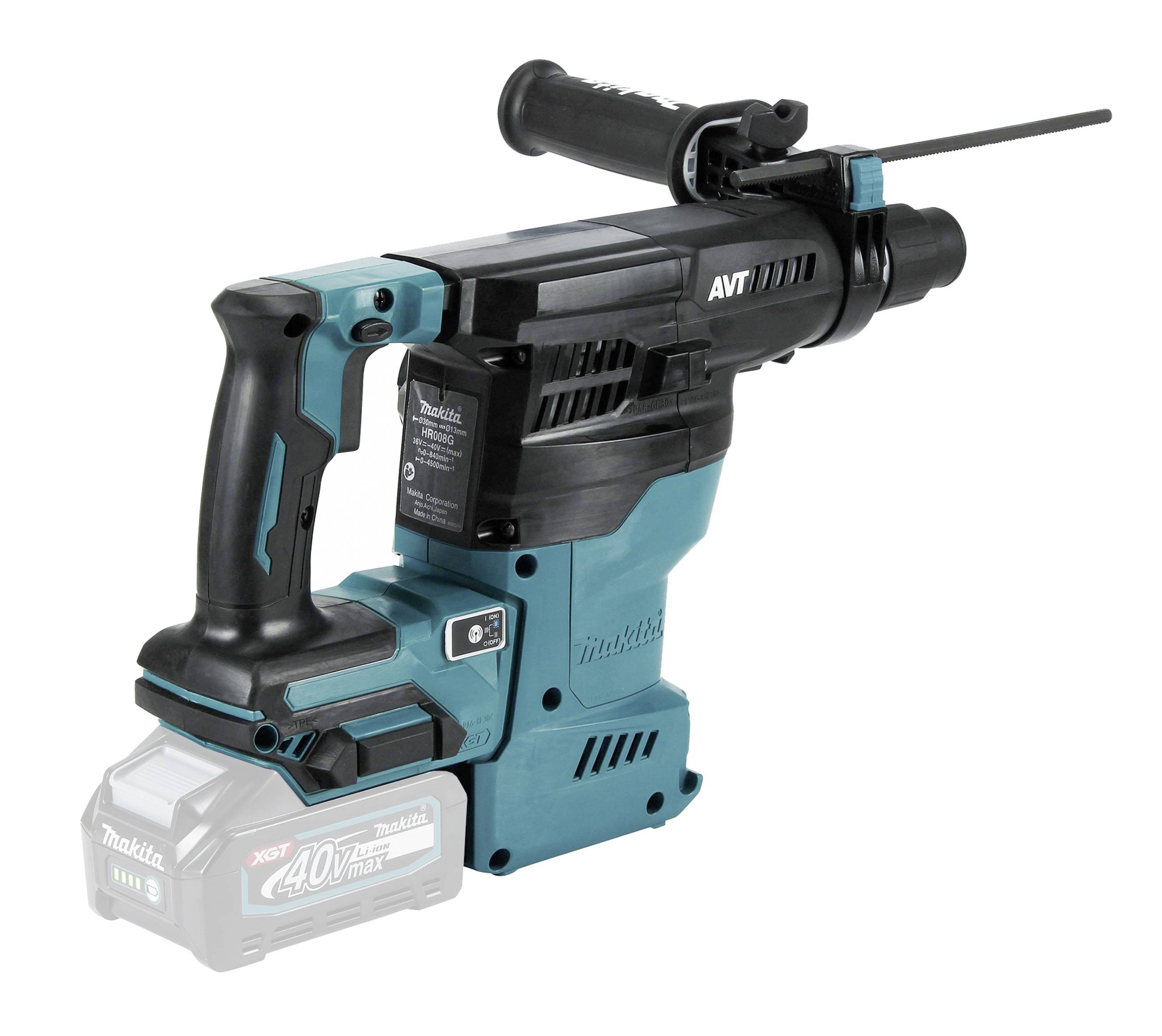 Ein kabelloser blauer und schwarzer Bohrhammer mit ergonomischem Griff, Anti-Vibrations-Technologie und Akkuantrieb.