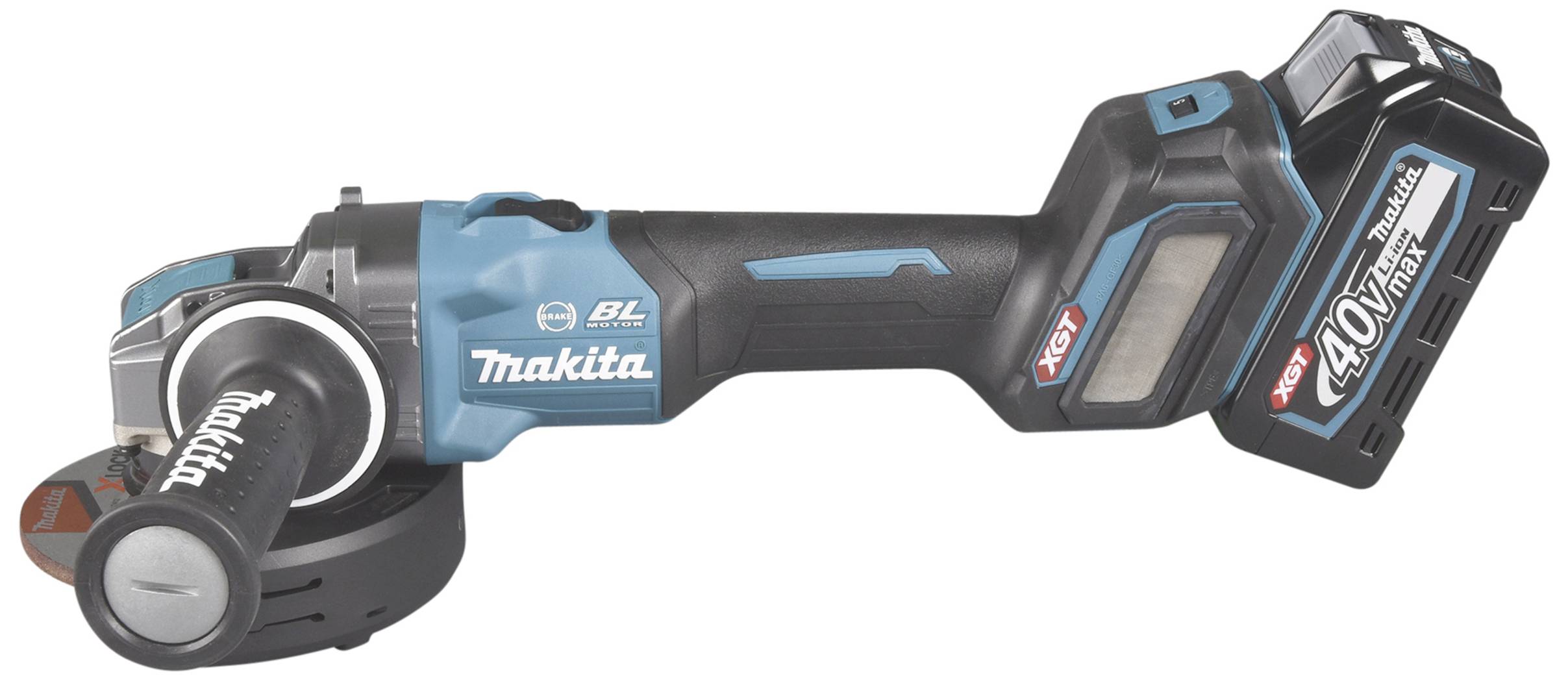 Akkubetriebener Winkelschleifer von Makita, 40V Lithium-Ionen-Akku, kompakt und kabellos, geeignet für Metallbearbeitung.