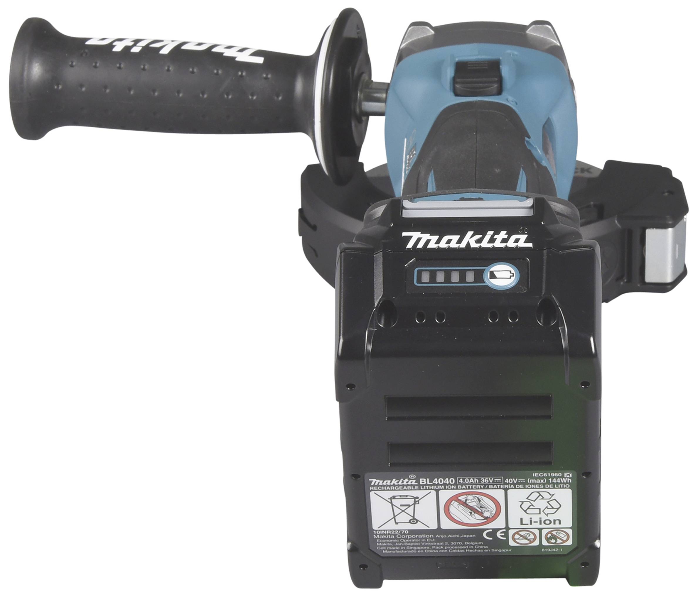 Akku-Winkelschleifer mit schwarzem Griff und blauem Gehäuse. Makita-Logo sichtbar. Akku mit Spezifikationen unten.