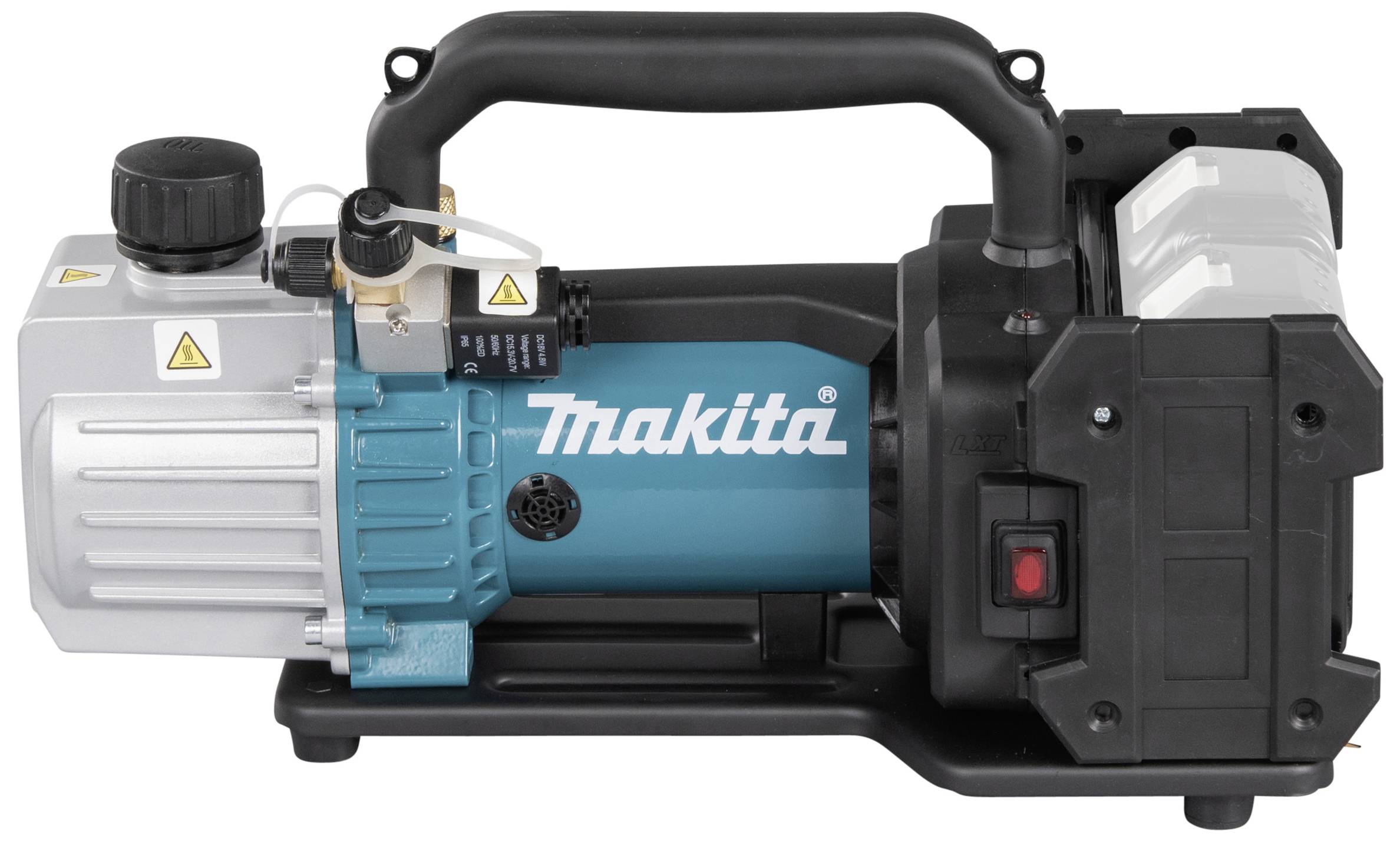 Eine blaue und graue Vakuumpumpe mit schwarzem Griff, darauf das Logo 'Makita'.