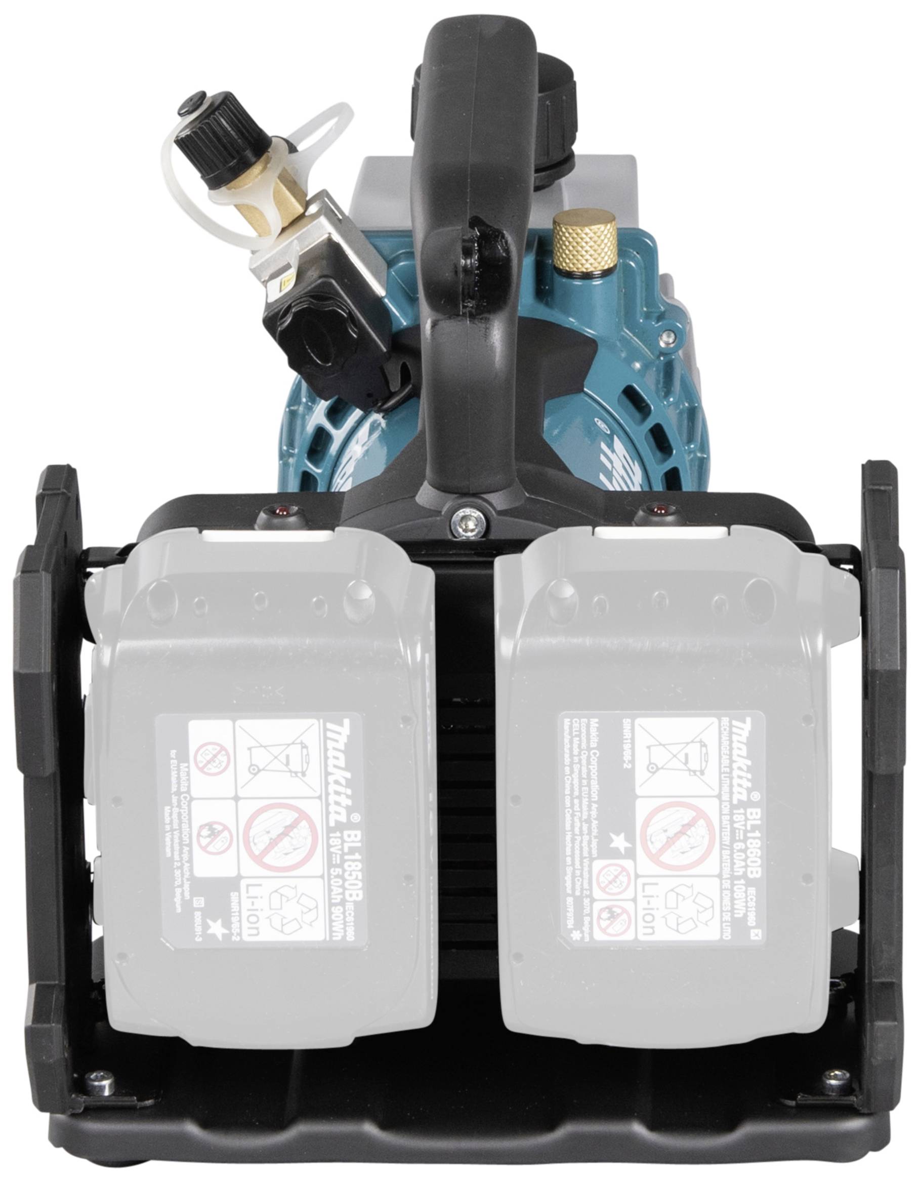 Ein blau-schwarzer tragbarer Kompressor mit zwei Batteriefächern, geeignet für den Einsatz mit 18V Akkus.