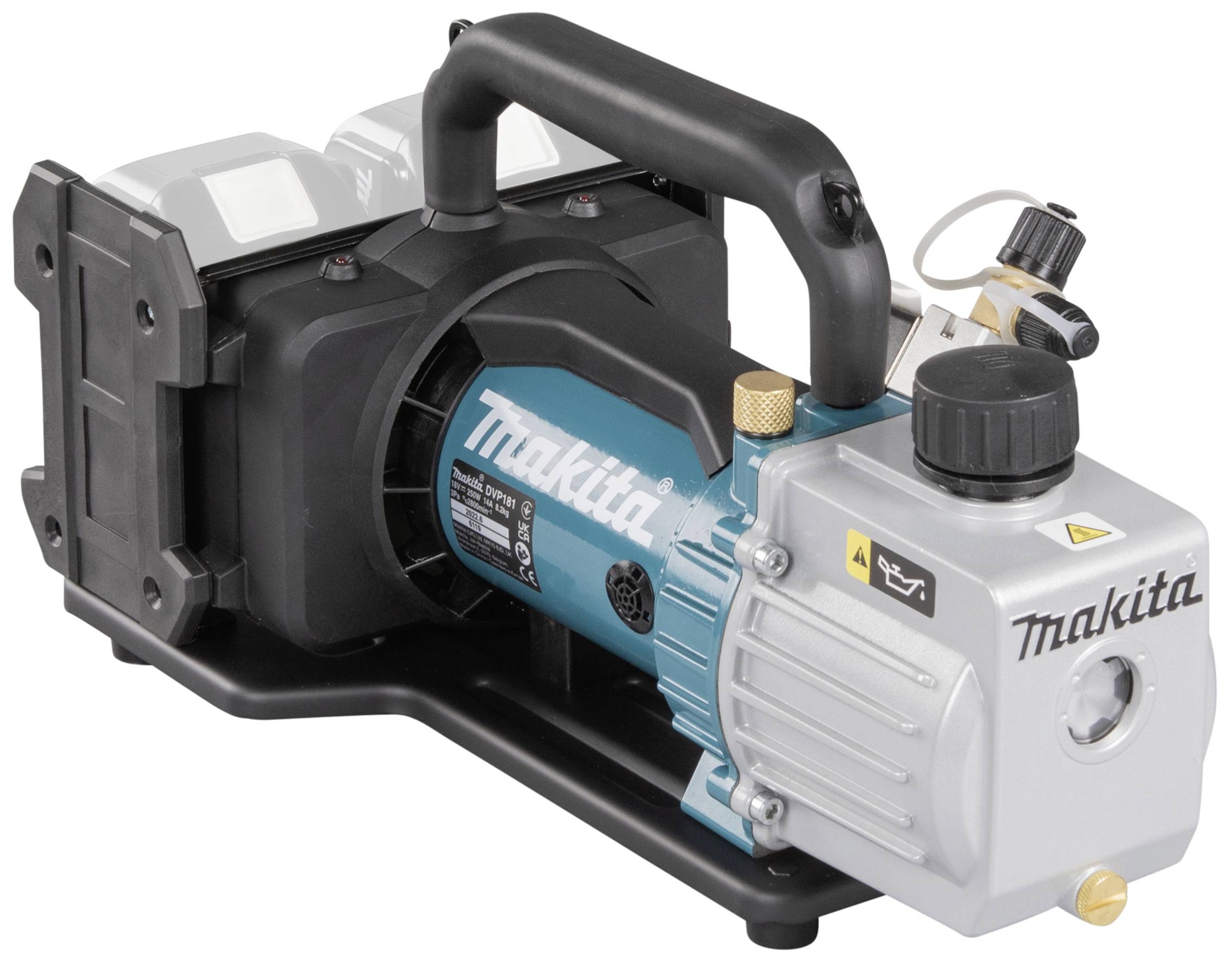 Eine Makita-Vakuumpumpe mit blauem und silbernem Gehäuse, Griff und Ventilregler.