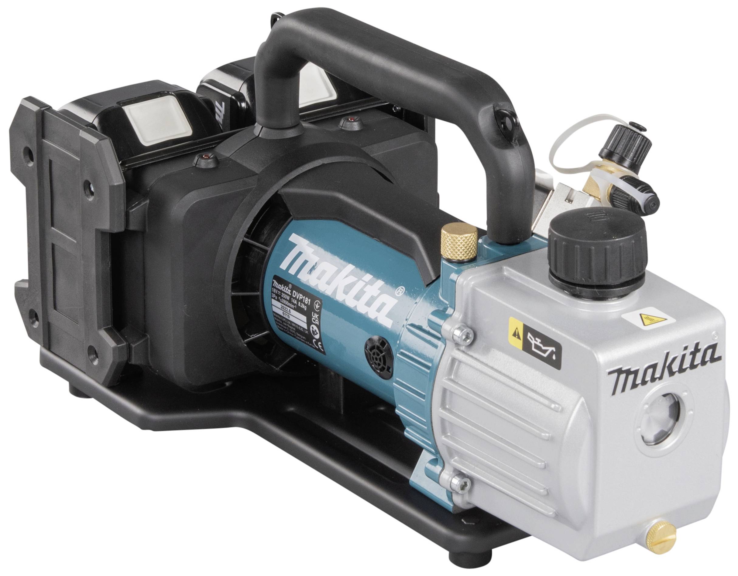 Vakuumpumpe von Makita mit einem robusten Griff und zwei Batteriefächern. Ideal für industrielle Anwendungen.