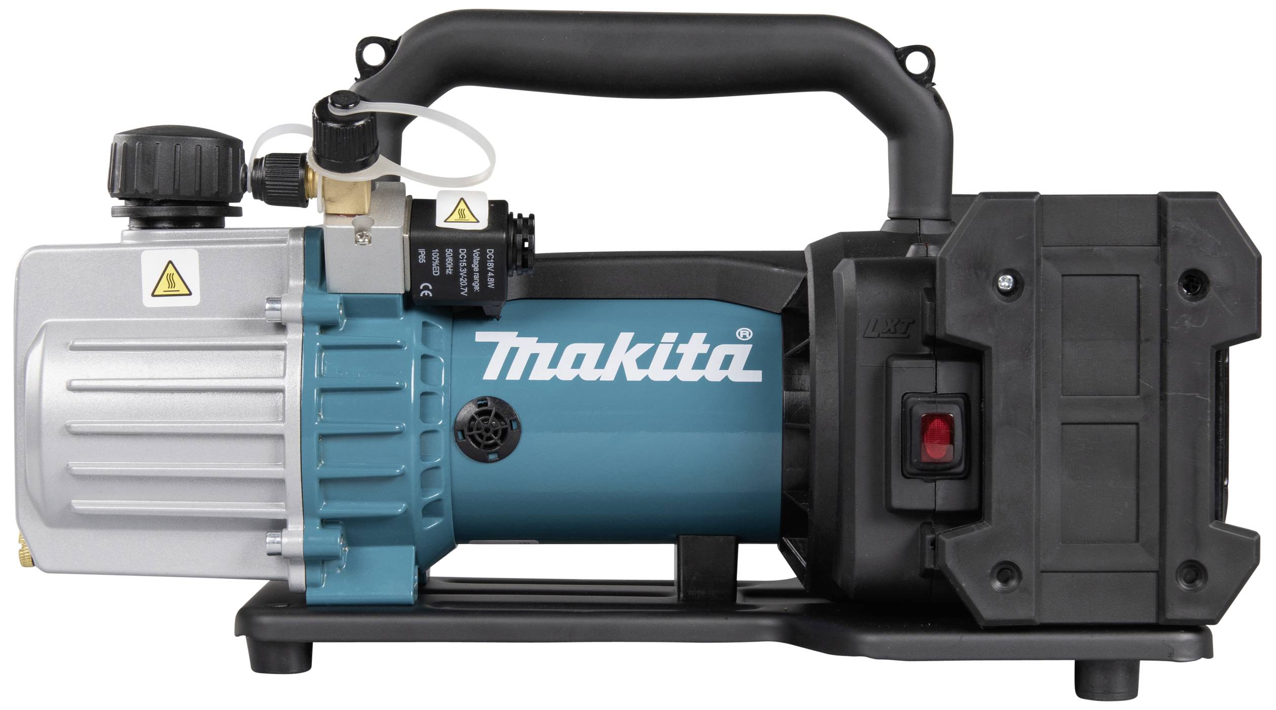Eine Makita-Vakuumpumpe mit blauem Gehäuse, schwarzem Griff und Netzkabel, wird für industrielle Anwendungen eingesetzt.
