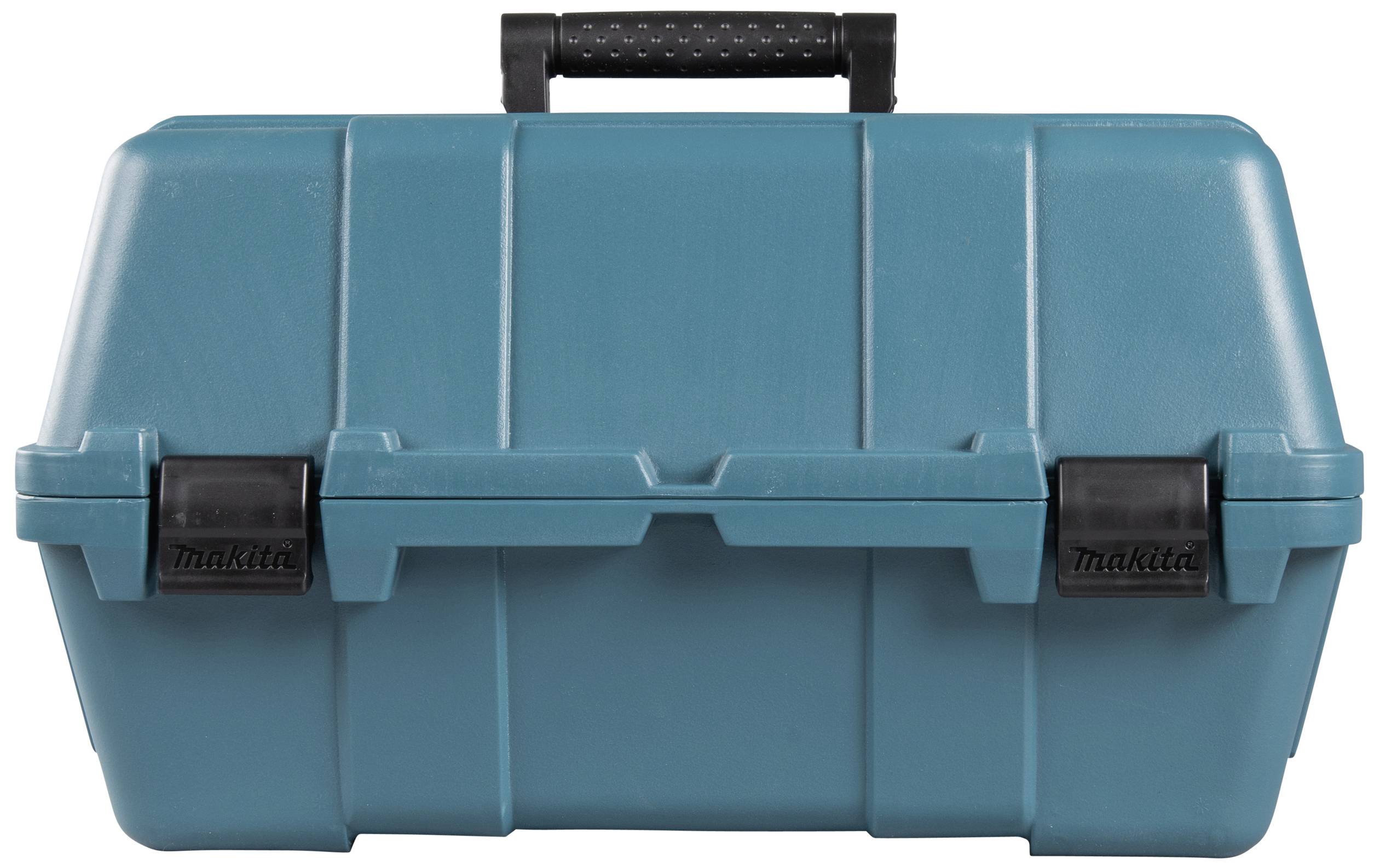 Blauer Werkzeugkoffer mit schwarzem Griff, verschlossen.