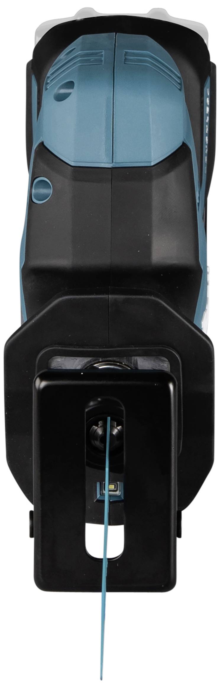 Eine elektrische Handsäge mit einem dünnen, blauen Sägeblatt, geeignet für präzises Schneiden in verschiedenen Materialien.