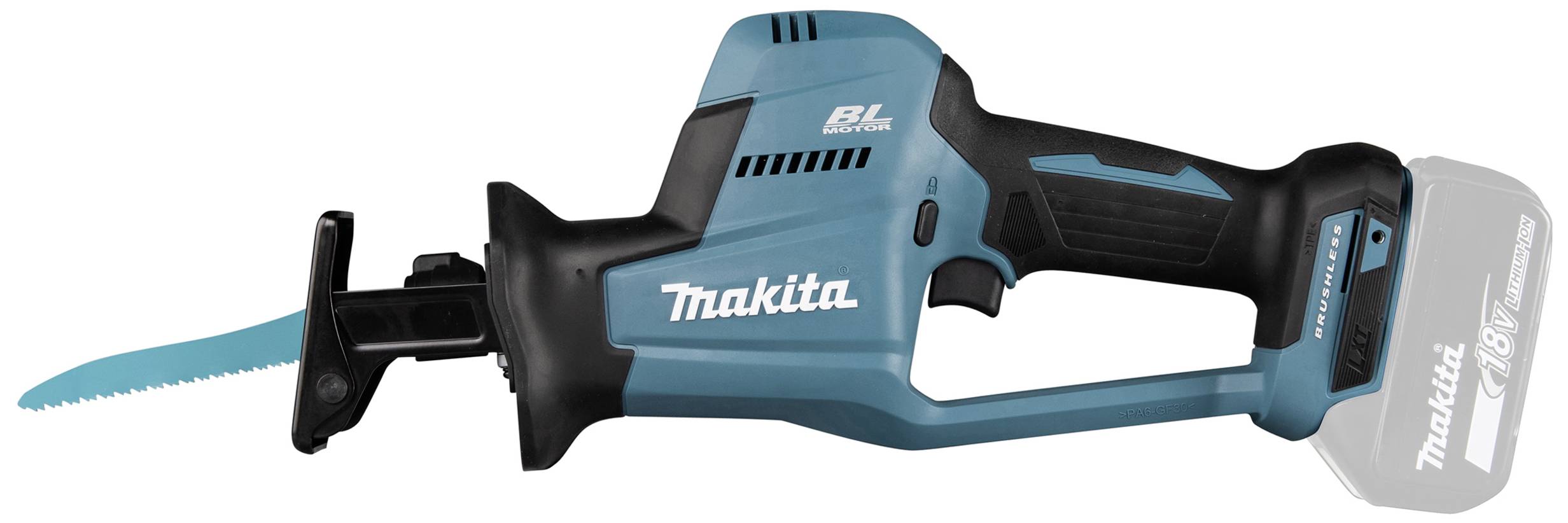 Akku-Säbelsäge von Makita, blau-schwarzes Design, geeignet für Bau- und Renovierungsarbeiten. Links ist das Sägeblatt zu sehen.