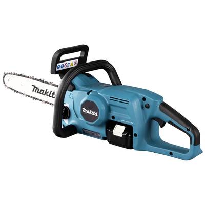 Akkubetriebene Kettensäge in Blau von Makita, seitlich abgebildet. Sie hat einen Schutzgriff und eine glatte Kette.