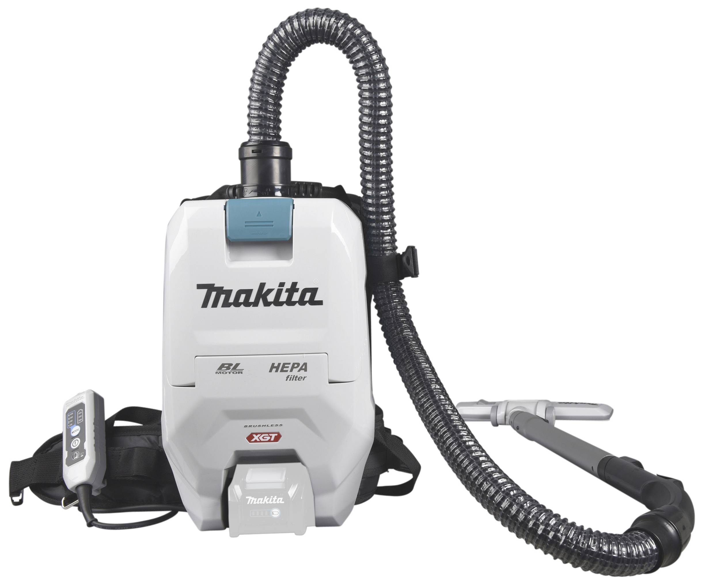 'Makita Rucksackstaubsauger mit HEPA-Filter, weiß, mit flexiblem Schlauch und Steuerungselementen, zur professionellen Reinigung.'