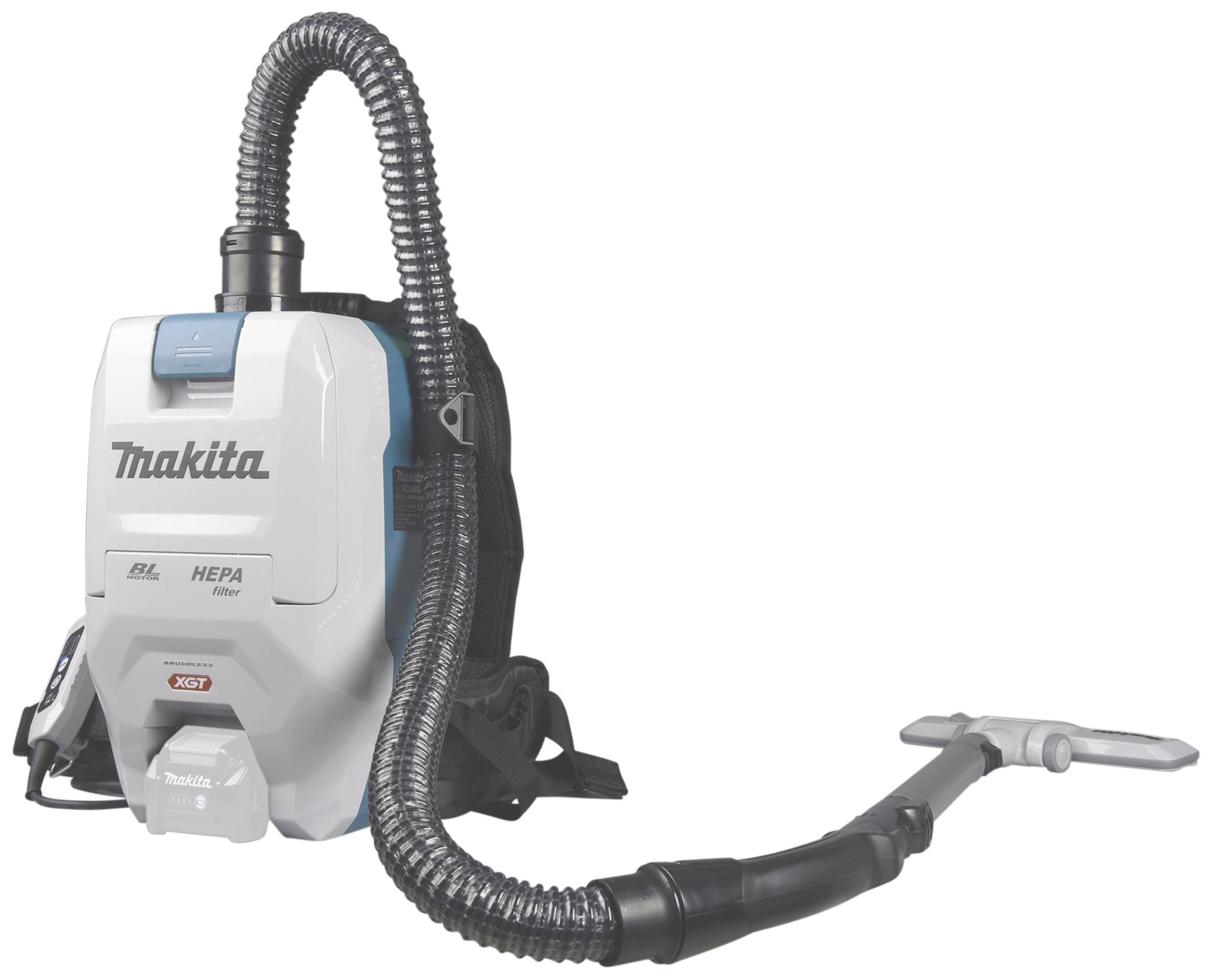'Makita Rucksackstaubsauger mit flexibler Düse und HEPA-Filter, geeignet für effiziente Reinigung, benutzerfreundlich und tragbar.'