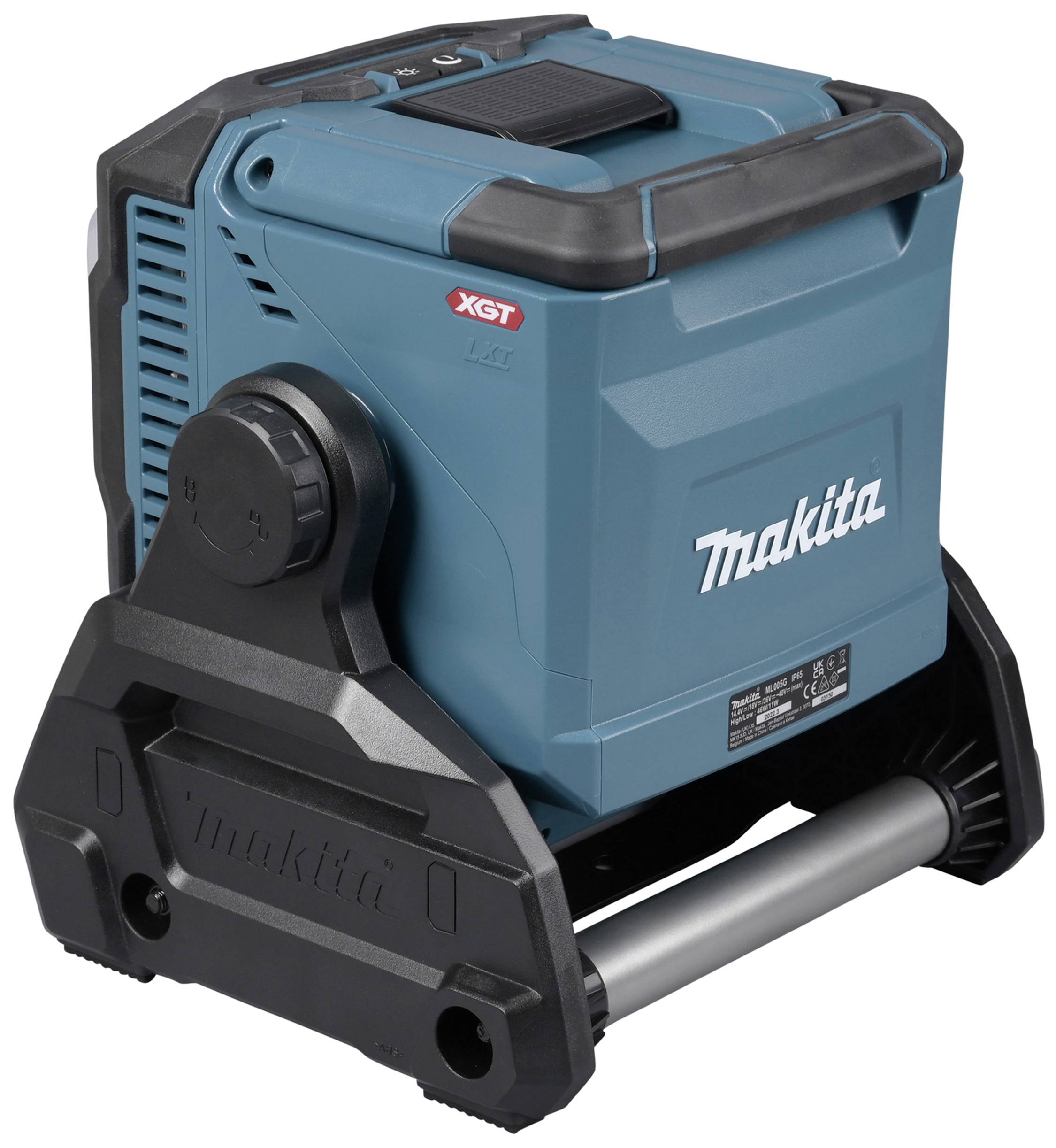 Tragbarer blauer Akku-Luftkompressor von Makita mit schwarzem Griff und Standfuß, Modell XGT. Geeignet für vielseitige Anwendungen.