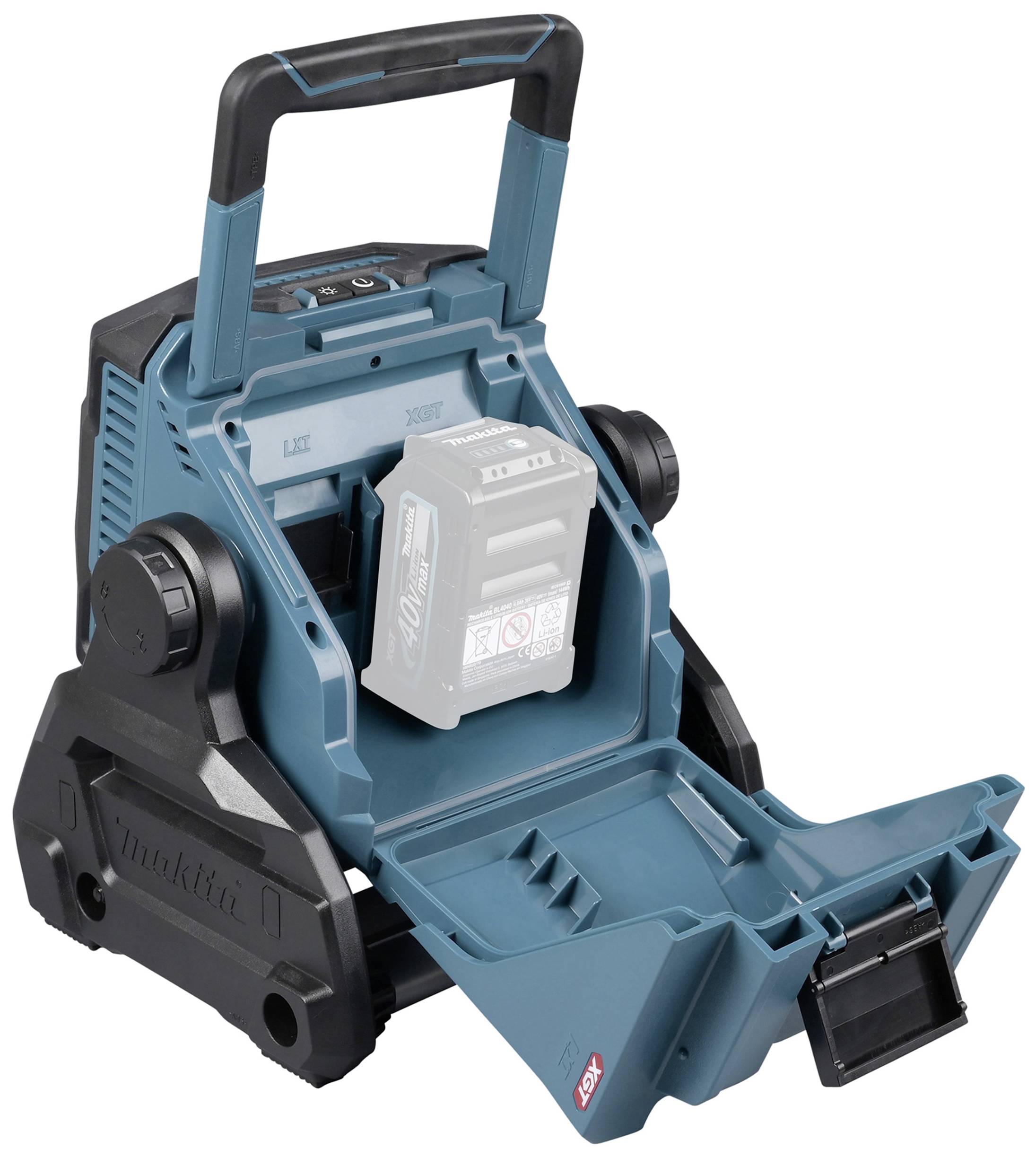 Ein blau-schwarzer, tragbarer Gerätelader mit Platz für eine Batterie und einem offenen Fach darunter.