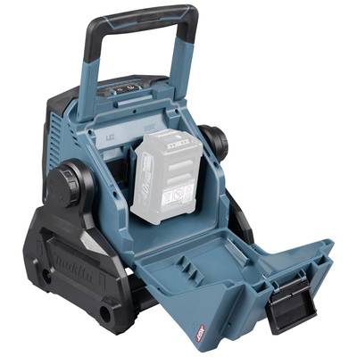Ein blau-schwarzer, tragbarer Gerätelader mit Platz für eine Batterie und einem offenen Fach darunter.
