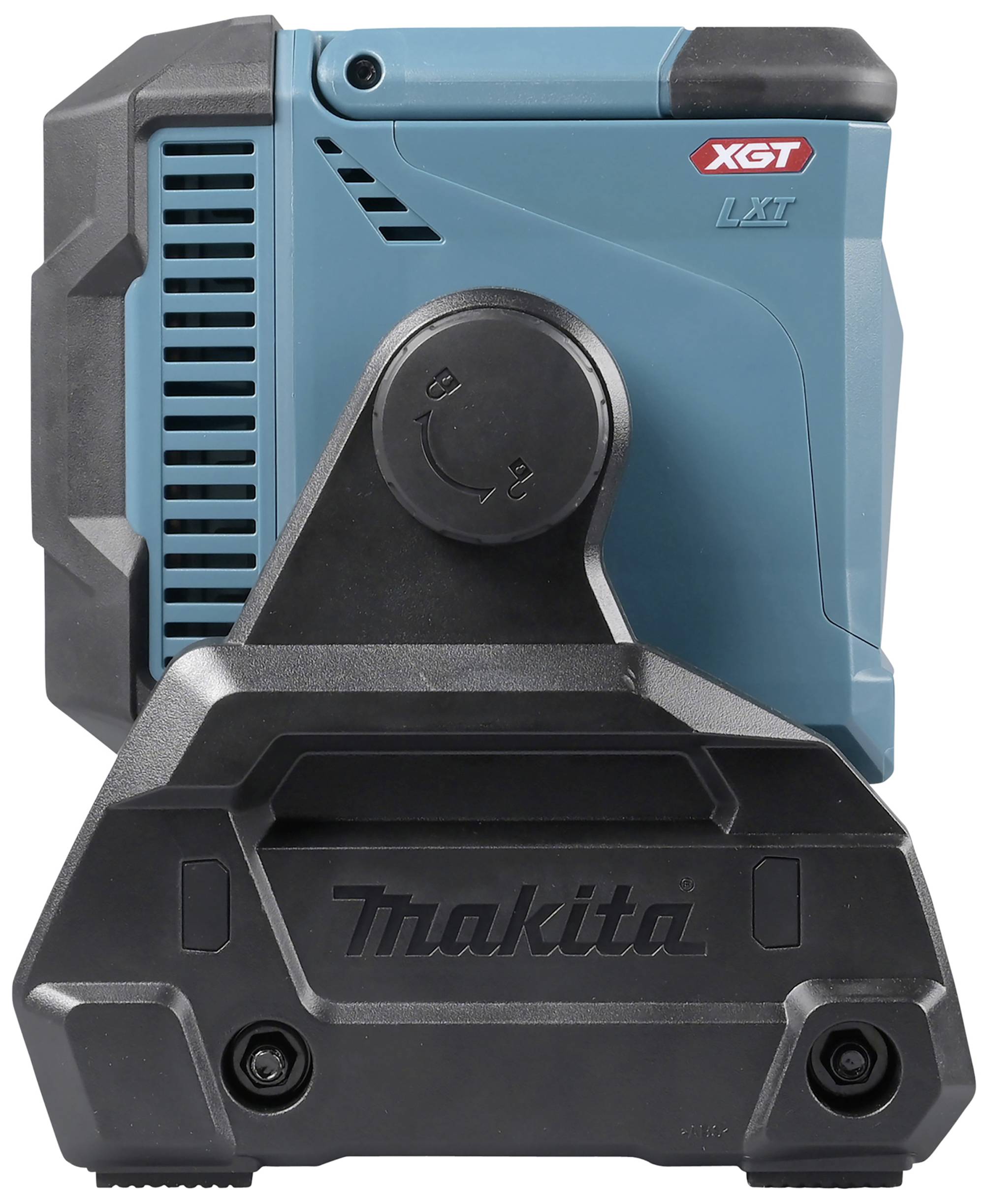 Ein Makita Ladegerät mit blauem Gehäuse und schwarzem Sockel, gekennzeichnet mit 'XGT' und 'LXT', speziell für wiederaufladbare Werkzeugakkus.