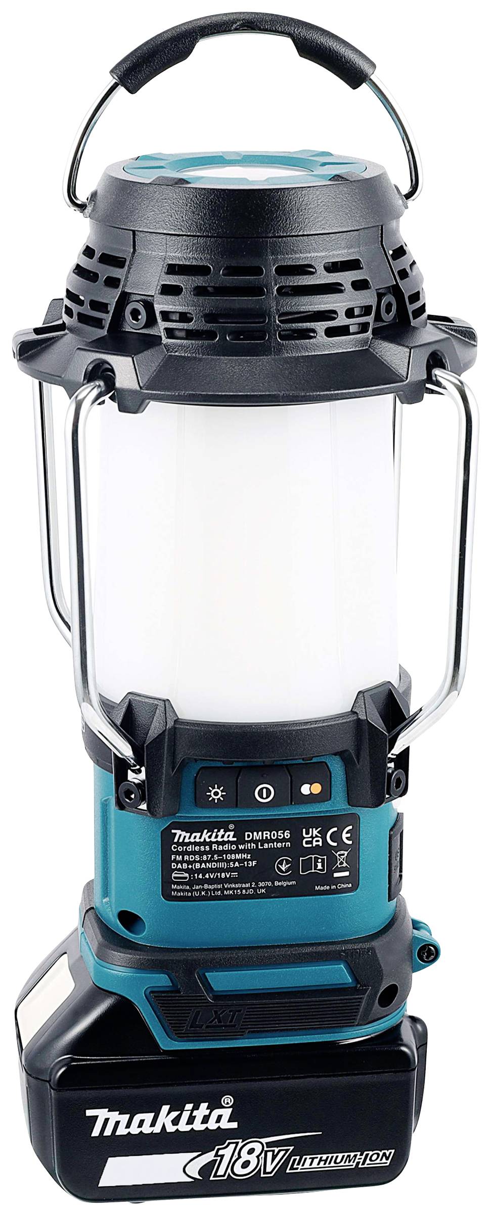 Tragbare LED-Laterne in Schwarz und Türkis mit stabilem Griff, betrieben durch einen 18V Akku, für mobile Beleuchtung geeignet.