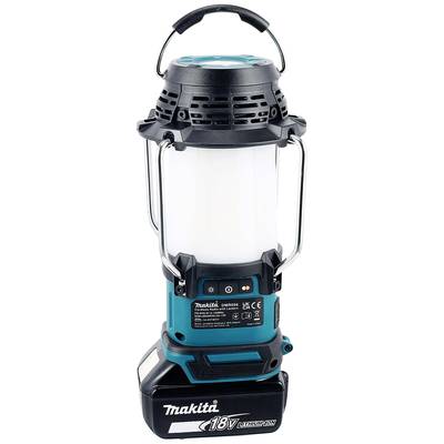Tragbare LED-Laterne in Schwarz und Türkis mit stabilem Griff, betrieben durch einen 18V Akku, für mobile Beleuchtung geeignet.