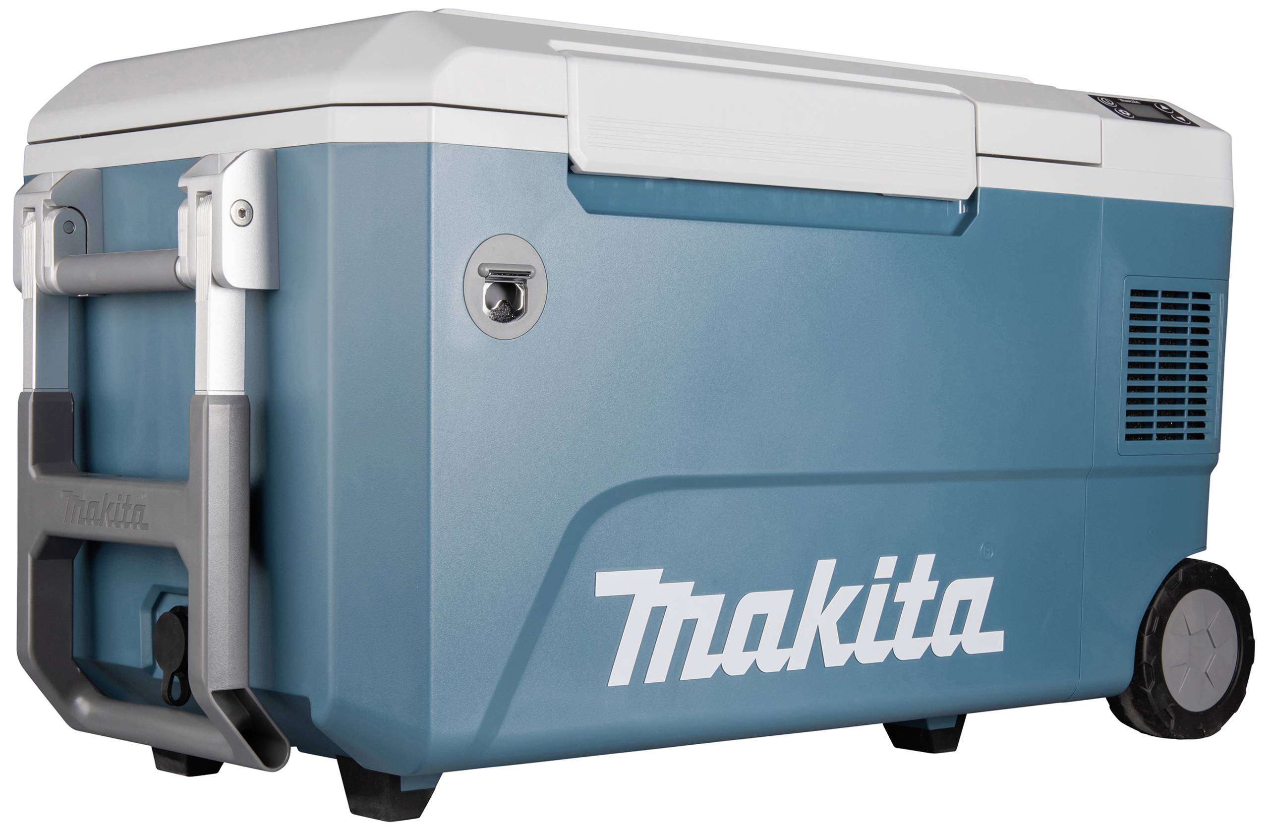 Ein tragbarer, blau-weißer Kühlcontainer mit der Aufschrift 'Makita' und einem seitlichen Griff und Rädern zum einfachen Transport.