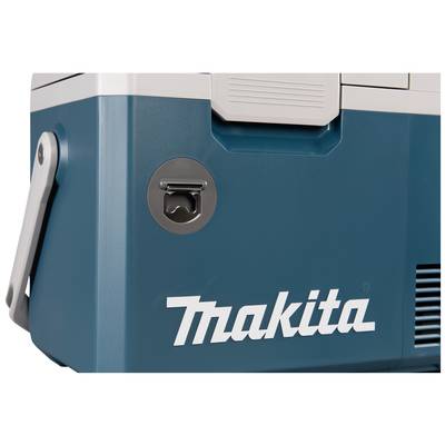 Ein blau-weißer Makita-Kühler mit einem integrierten Flaschenöffner auf der linken Seite.