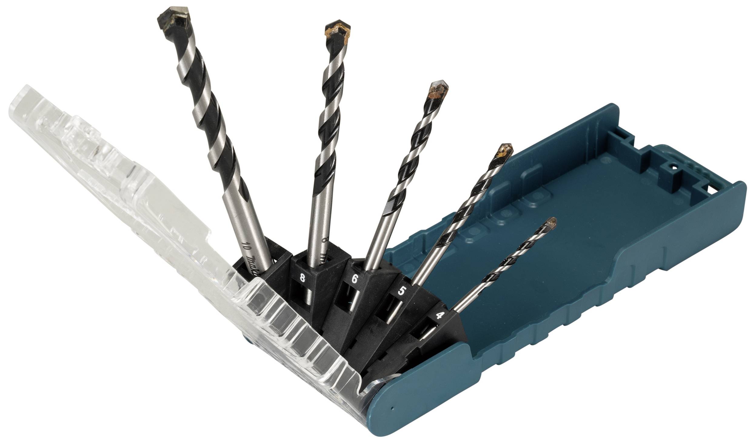 'Ein geöffneter Bohrer-Satz mit fünf verschiedenen Spiralbohrern in einem grünen Kunststoffgehäuse.'