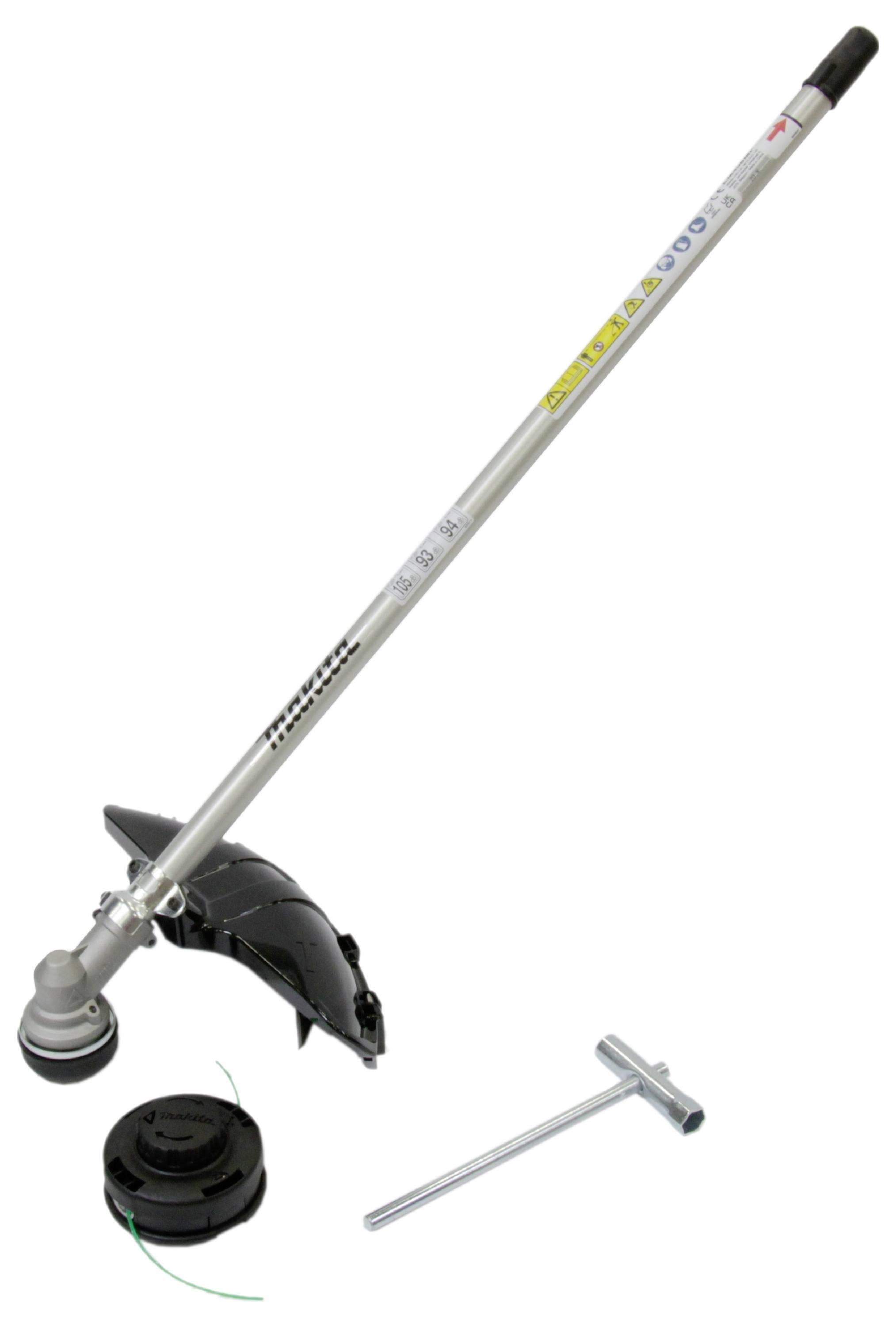 Ein Rasentrimmer mit einem langen, silbernen Schaft und schwarzem Schutzschild. Beiliegend eine Ersatzspule und Werkzeug.