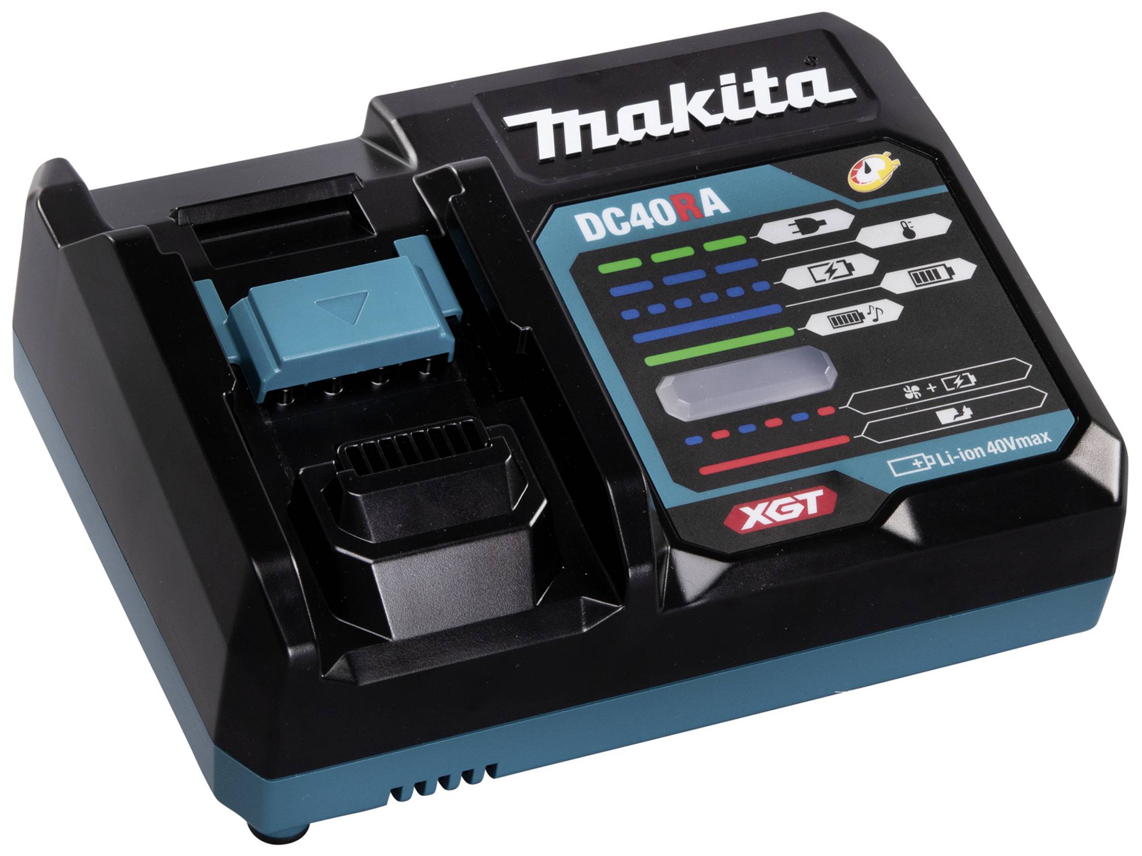 Makita DC40RA Ladegerät für 40V Li-Ion Akkus, zeigt Ladezustand und Status mit LED-Anzeigen an.