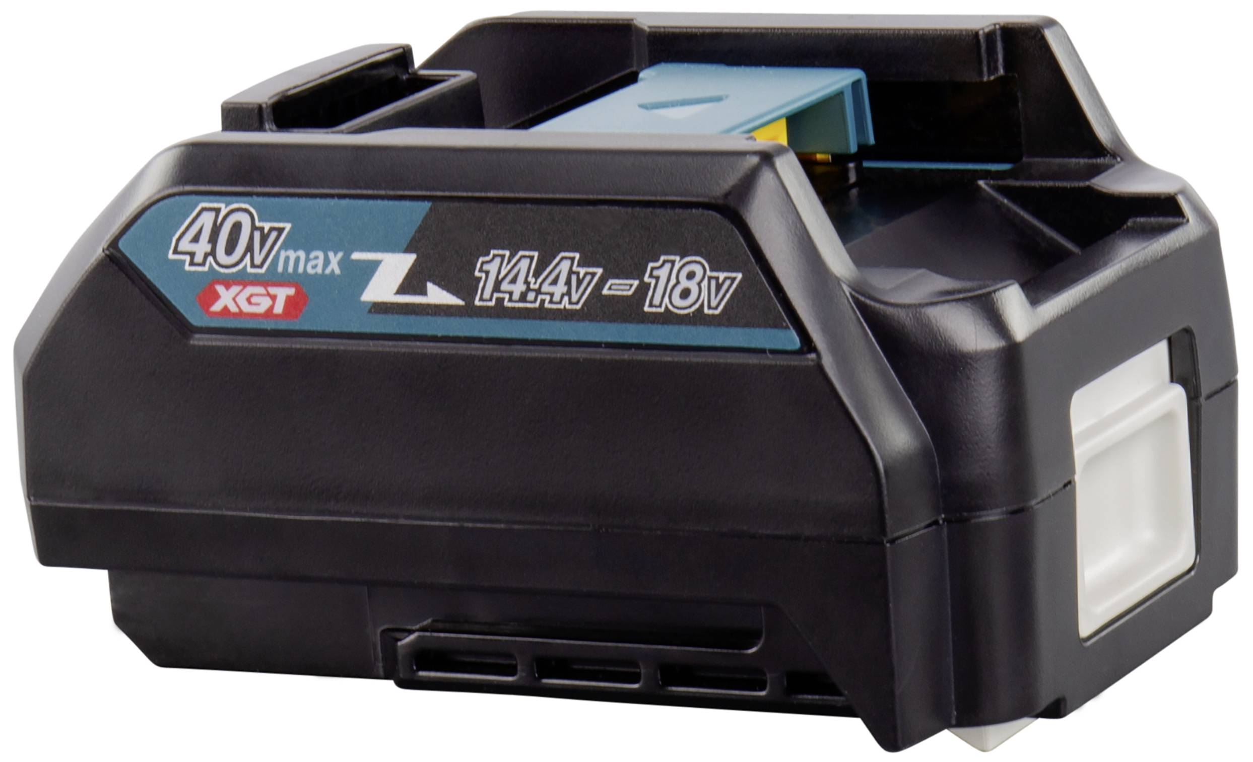 Akkupack, beschriftet mit '40V max 14.4V-18V XGT', schwarz mit blauen und roten Details.